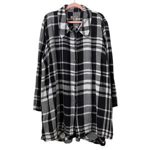 Flax Shirt Dress Womens 2G 22-24 Black White Linen Plaid Flannel Mini Pockets
